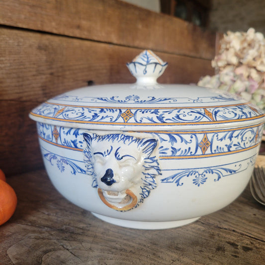 Creil Montereau Antique Tureen, French Ironstone Soupiere, Lion Head Handles