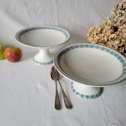 Antique French Transferware Cake Stands: St Amand Petrol Blue Compotiers (Set of 2)