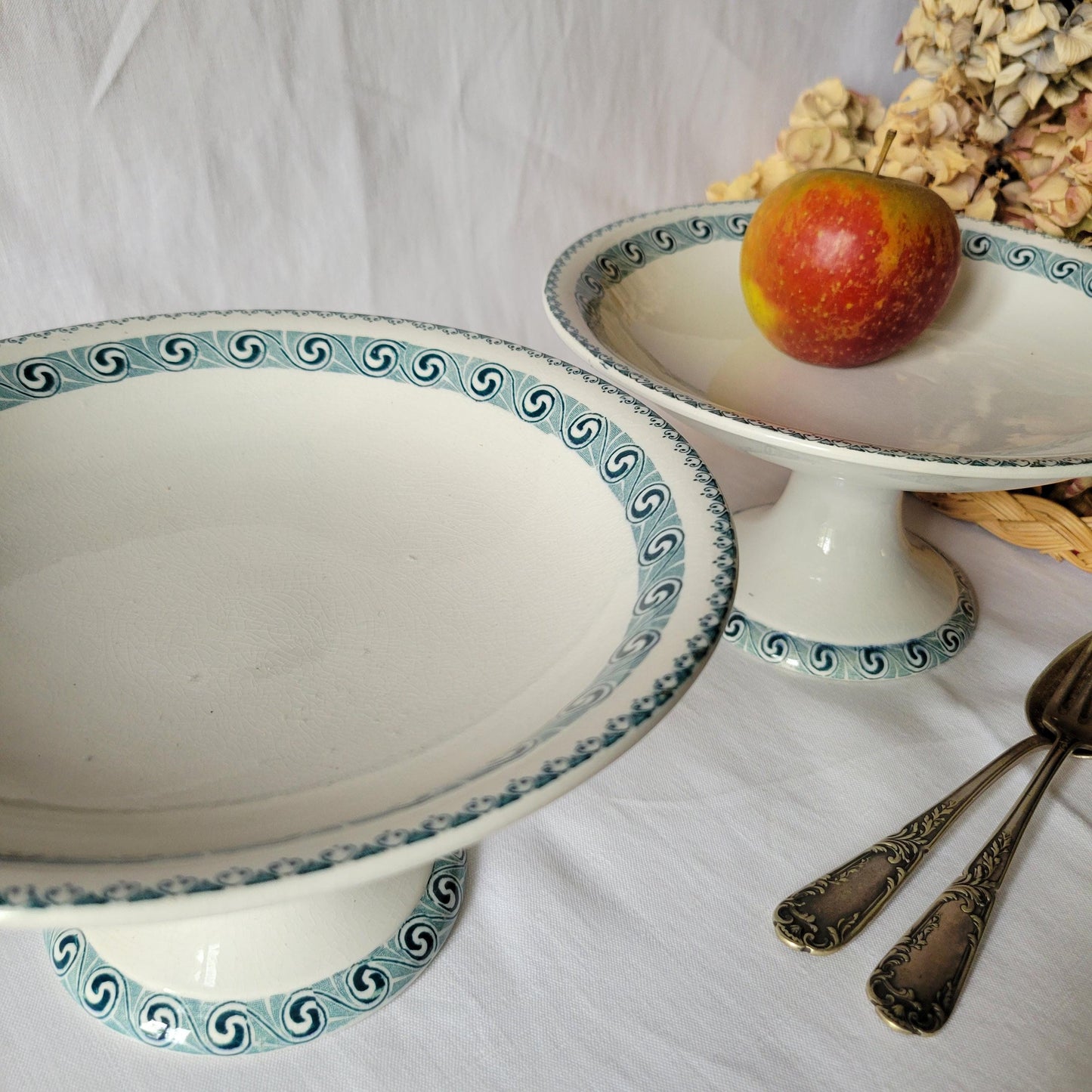Antique French Transferware Cake Stands: St Amand Petrol Blue Compotiers (Set of 2)