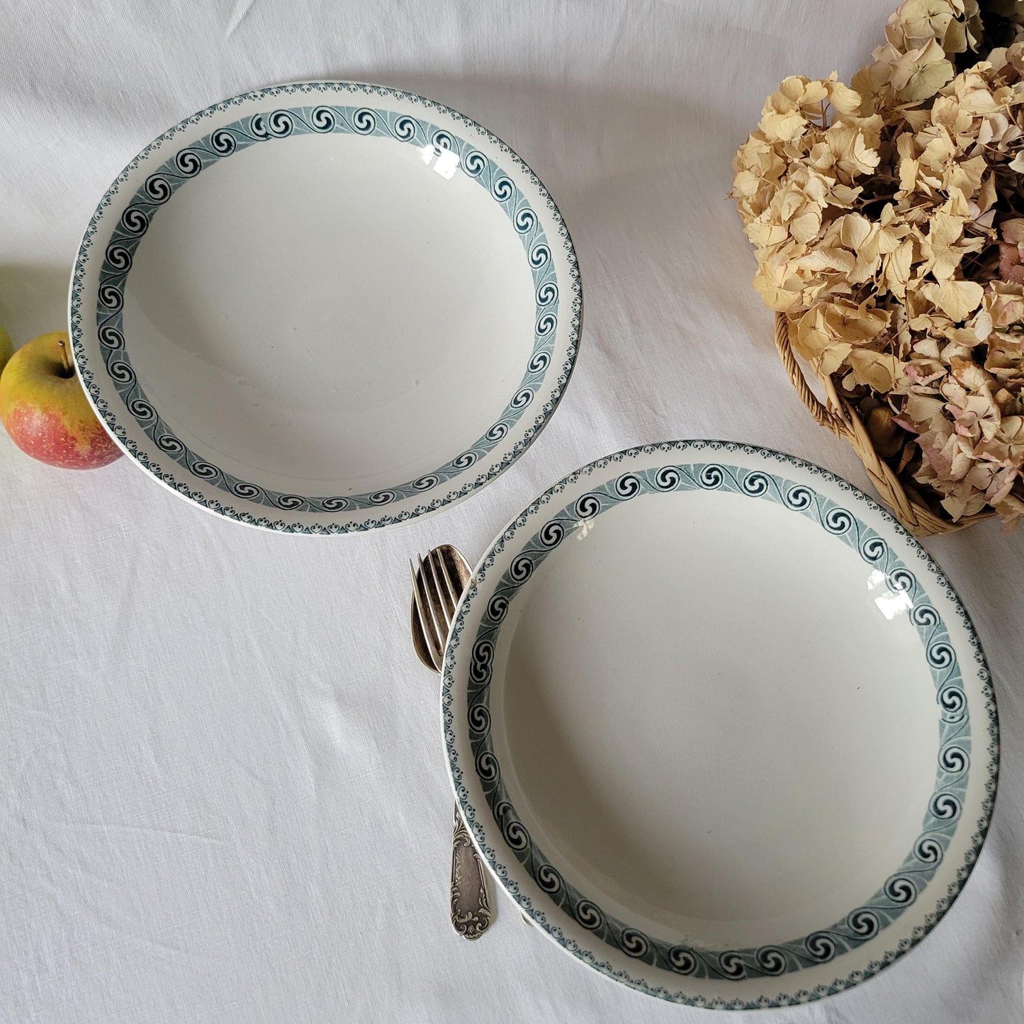 Antique French Transferware Cake Stands: St Amand Petrol Blue Compotiers (Set of 2)