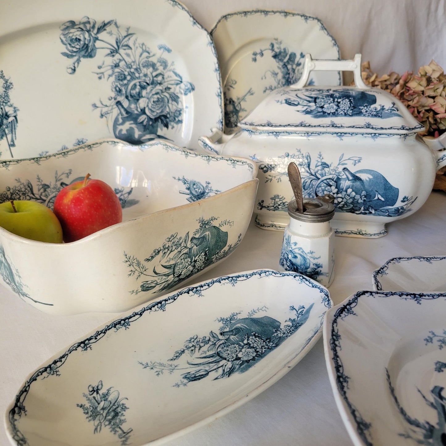 Antique French Teal Transferware Dinner Service: 12 place Luneville 'Champetre' Set of 30pc