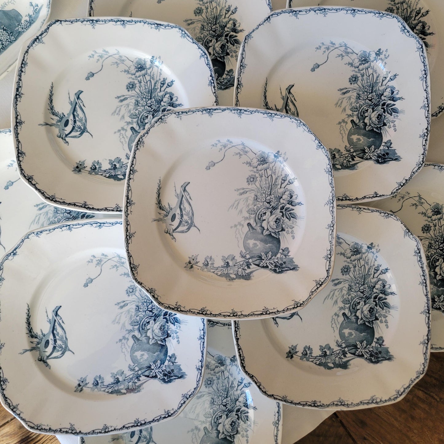 Antique French Teal Transferware Dinner Service: 12 place Luneville 'Champetre' Set of 30pc