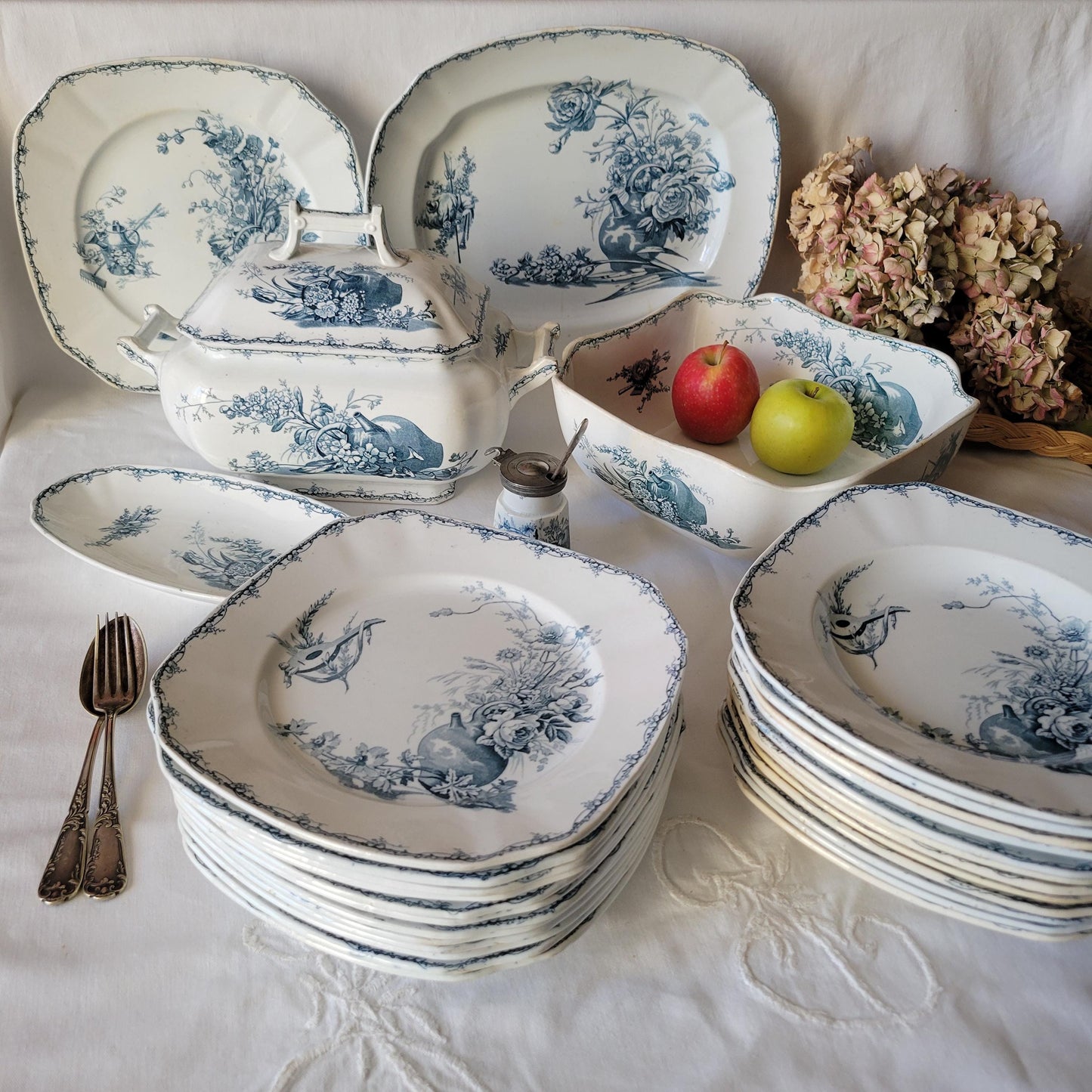 Antique French Teal Transferware Dinner Service: 12 place Luneville 'Champetre' Set of 30pc