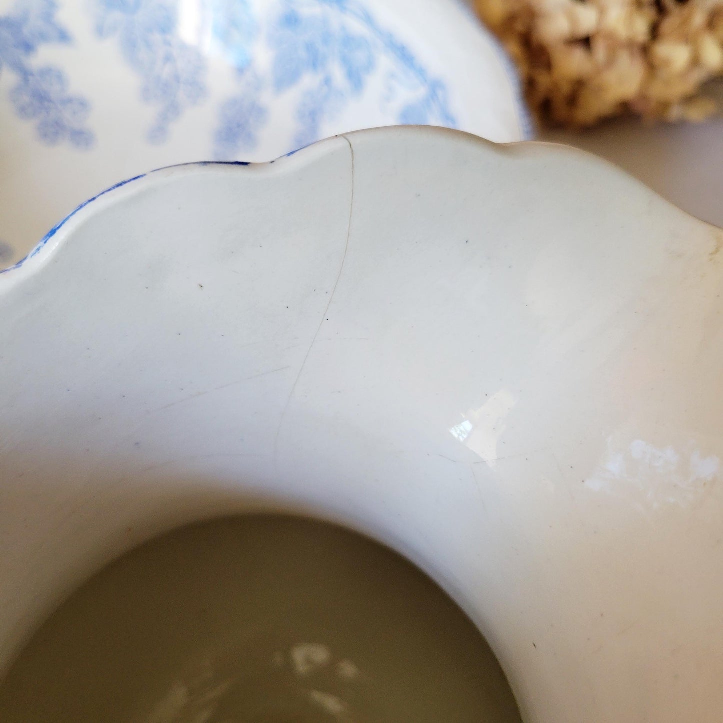 French Water Jug and Basin Set with Patina: Art Nouveau Blue Transferware