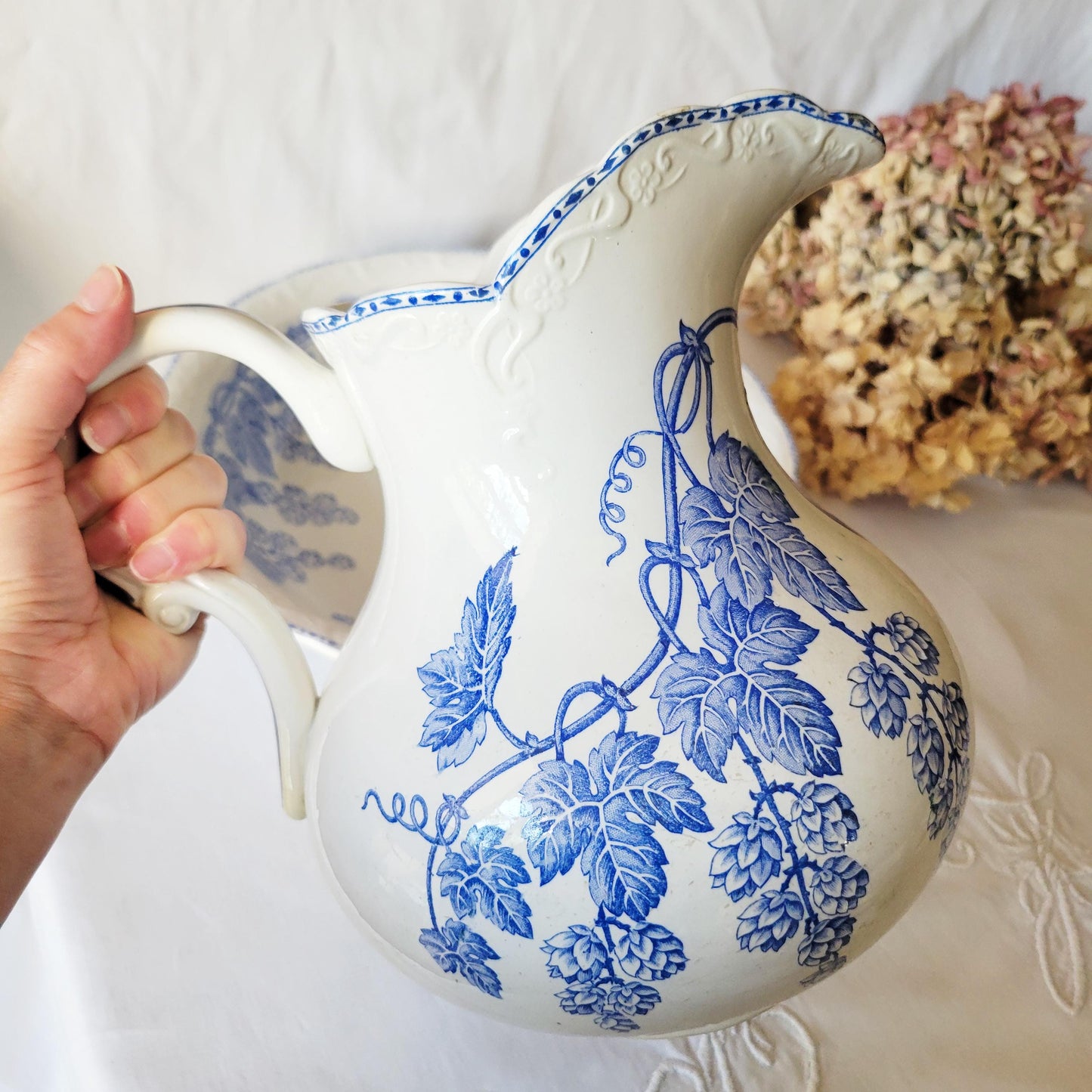 French Water Jug and Basin Set with Patina: Art Nouveau Blue Transferware