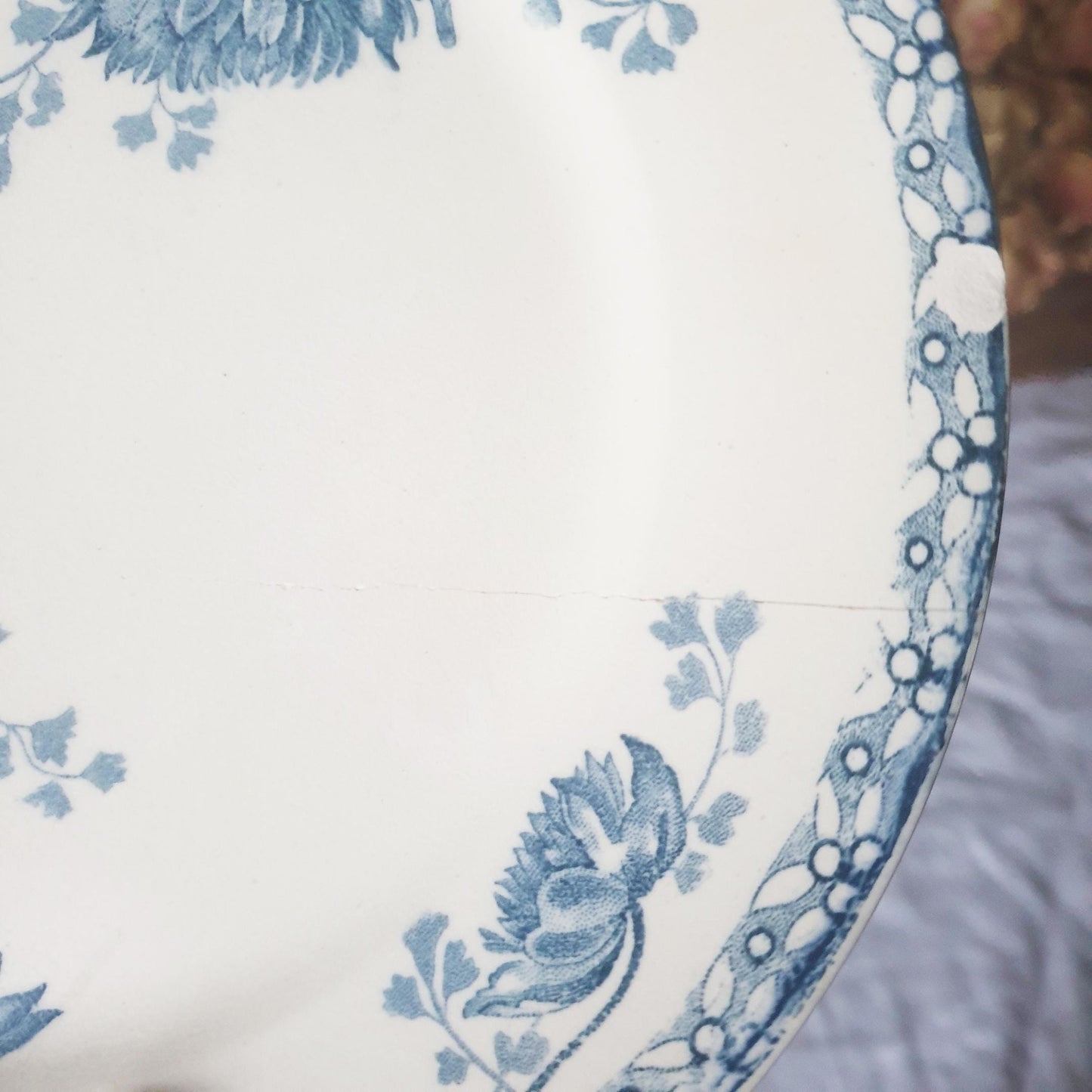 Set of 3 French antique Art Nouveau shabby side plates Columbine flowers, blue transferware earthenware 'Royat'  Sarreguemines, France c1910