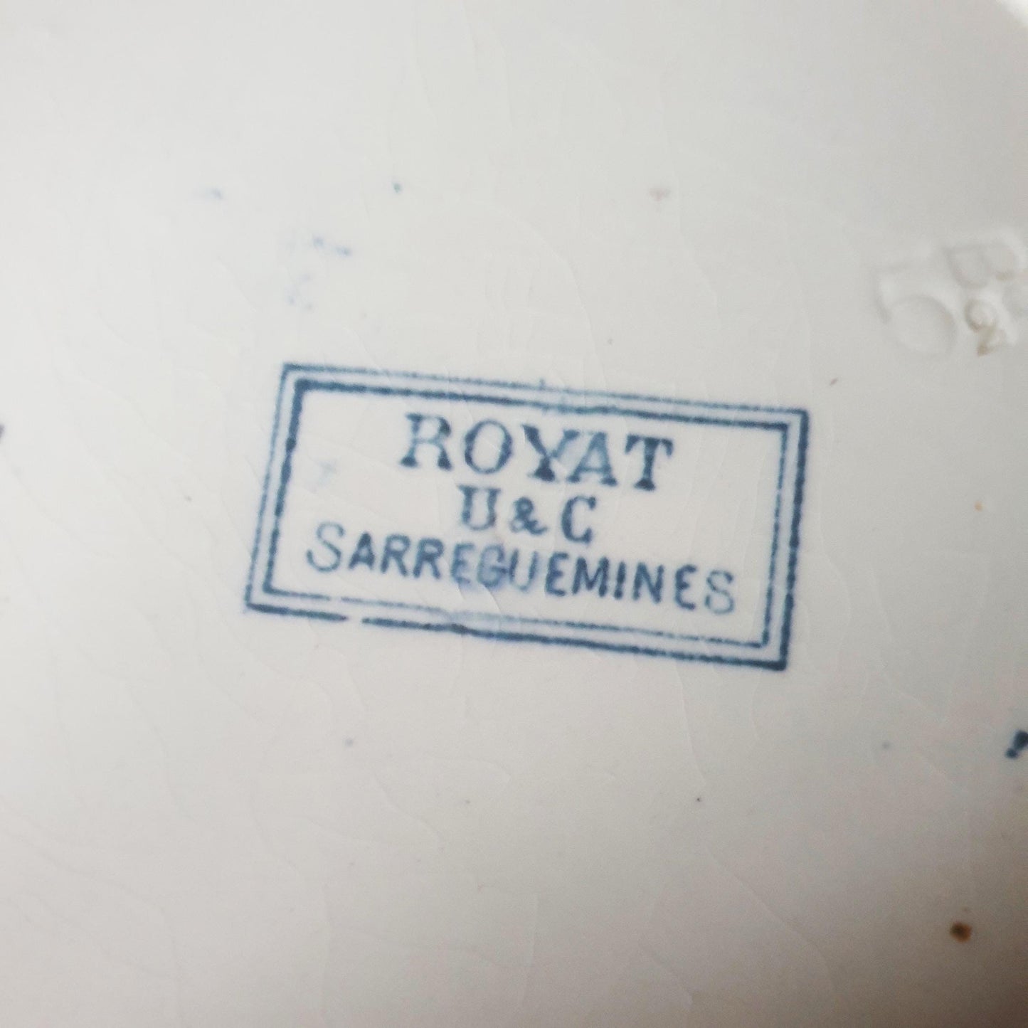 Set of 3 French antique Art Nouveau shabby side plates Columbine flowers, blue transferware earthenware 'Royat'  Sarreguemines, France c1910