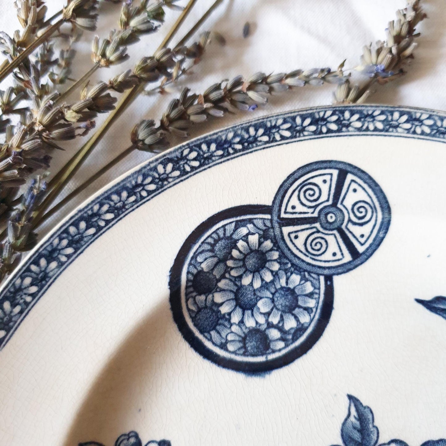 Antique French Soup Plate: Navy Blue Floral Transferware, c1890