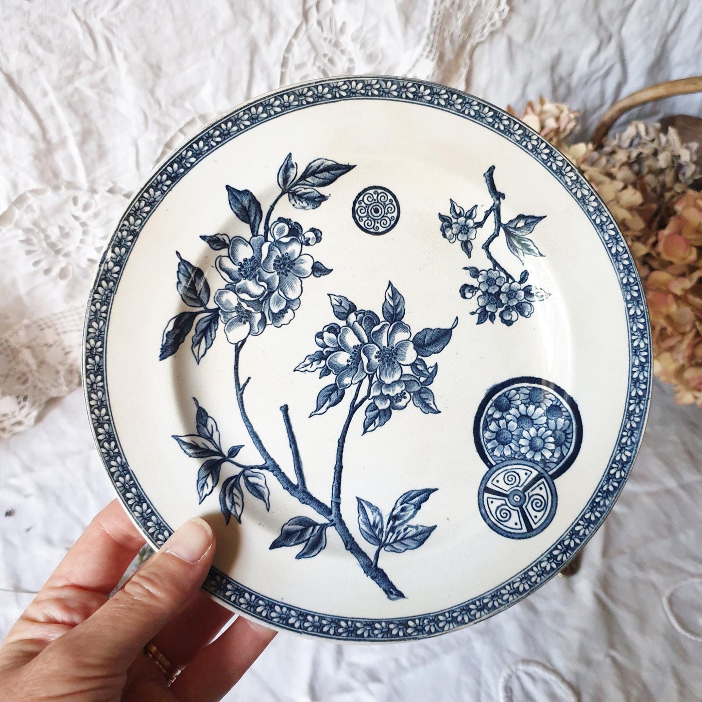 Antique French Soup Plate: Navy Blue Floral Transferware, c1890