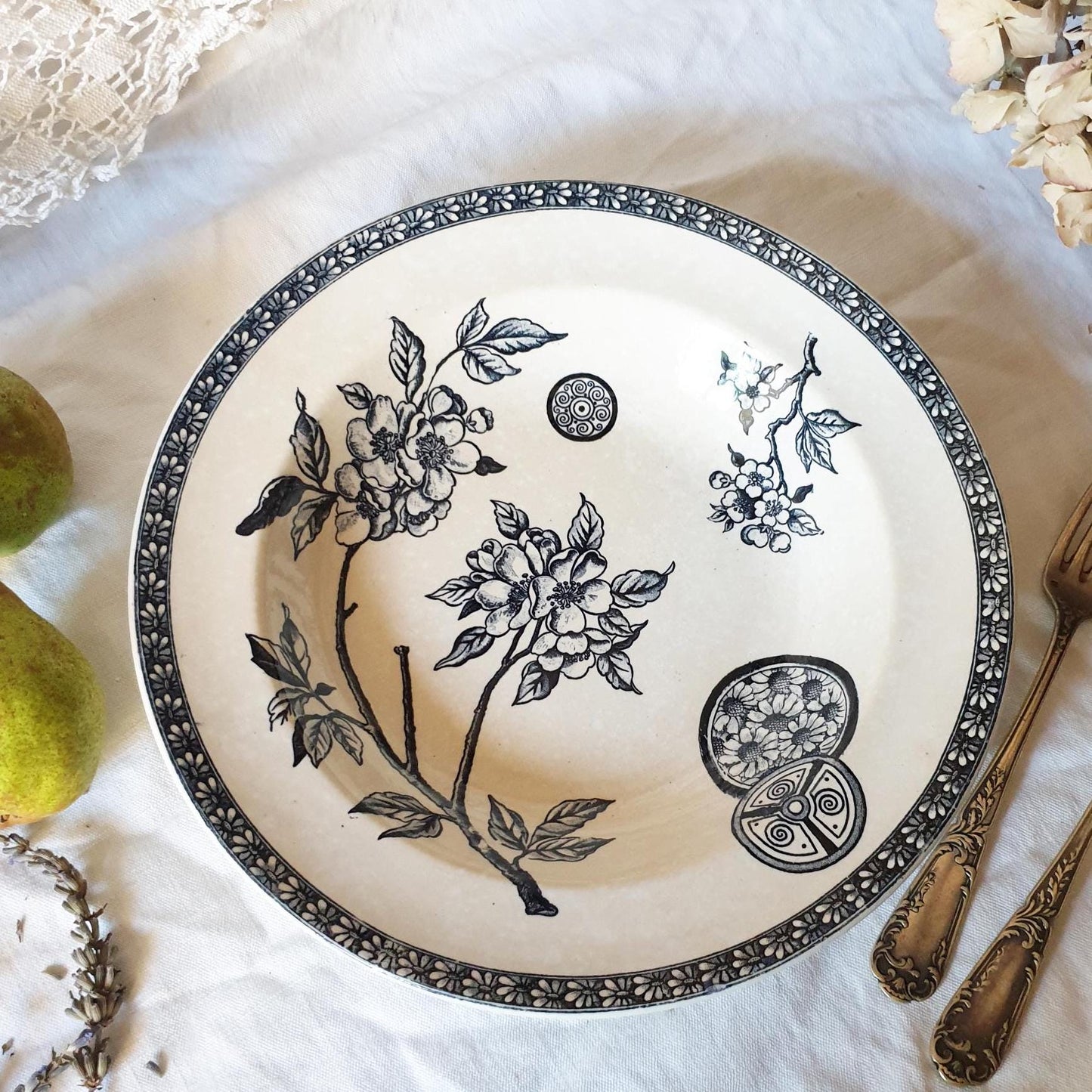 Antique French Soup Plate: Navy Blue Floral Transferware, c1890