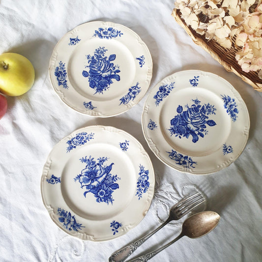 SET of 3 Antique Flow Blue Shabby Floral Plates - Ideal Display or Wall!