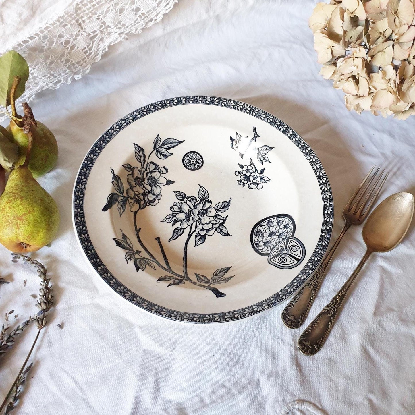 Antique French Soup Plate: Navy Blue Floral Transferware, c1890
