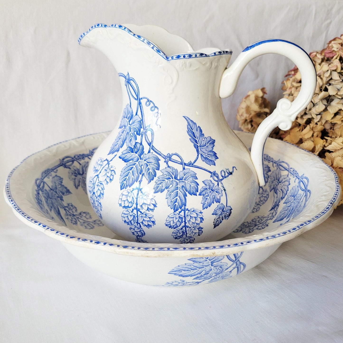 French Water Jug and Basin Set with Patina: Art Nouveau Blue Transferware