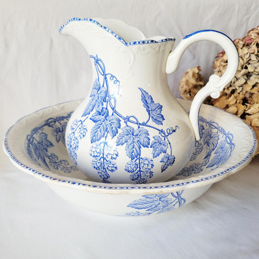 French Water Jug and Basin Set with Patina: Art Nouveau Blue Transferware