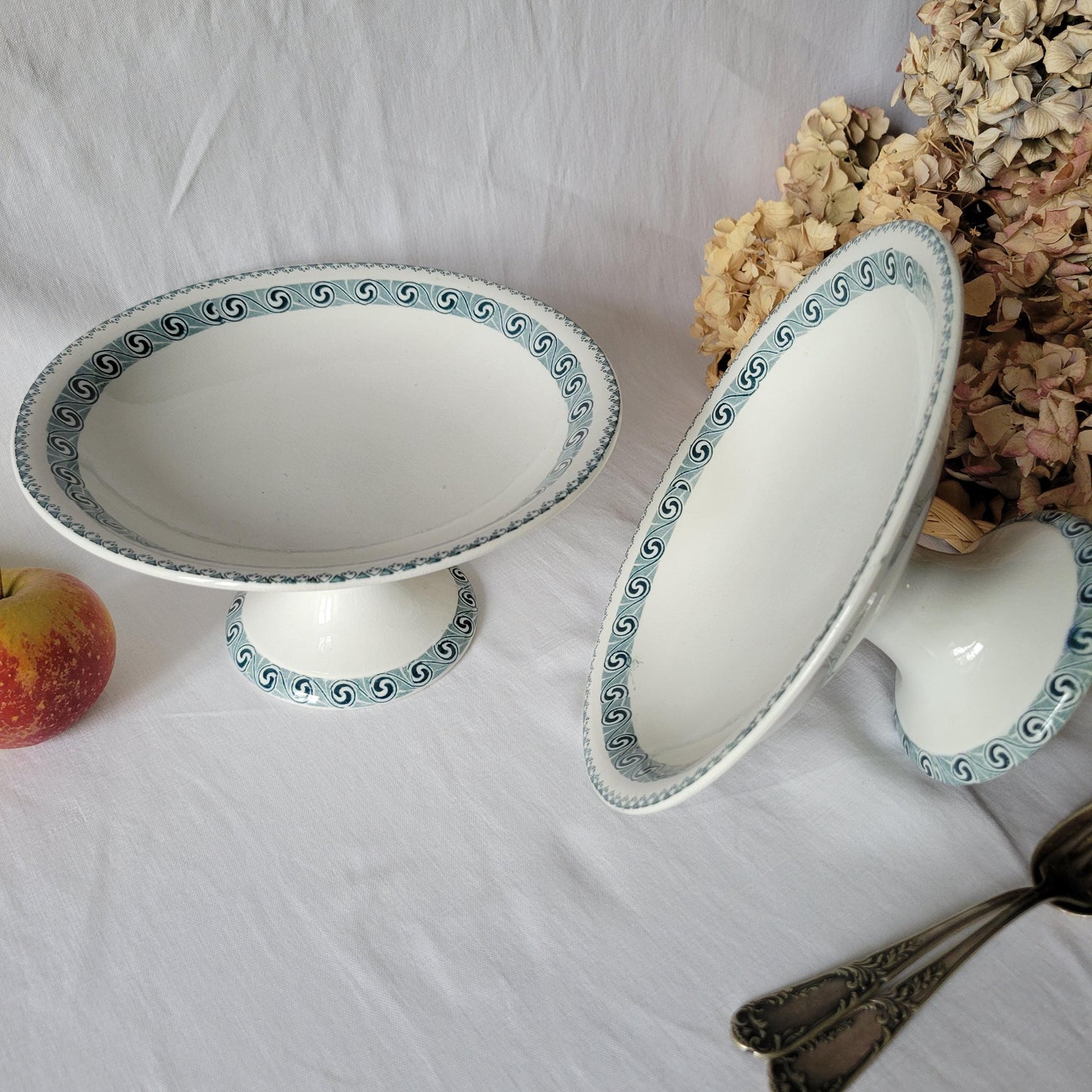Antique French Transferware Cake Stands: St Amand Petrol Blue Compotiers (Set of 2)