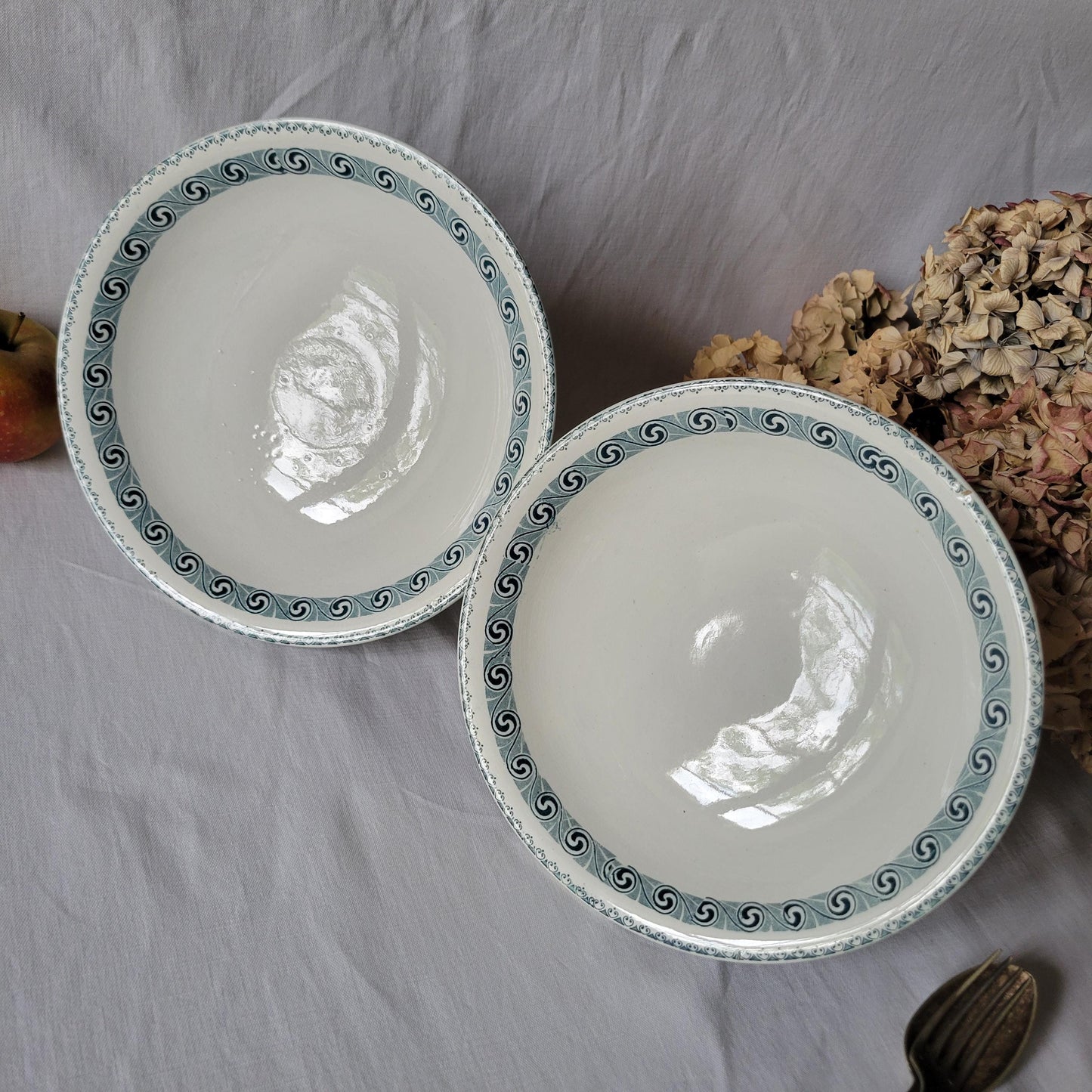 Antique French Transferware Cake Stands: St Amand Petrol Blue Compotiers (Set of 2)
