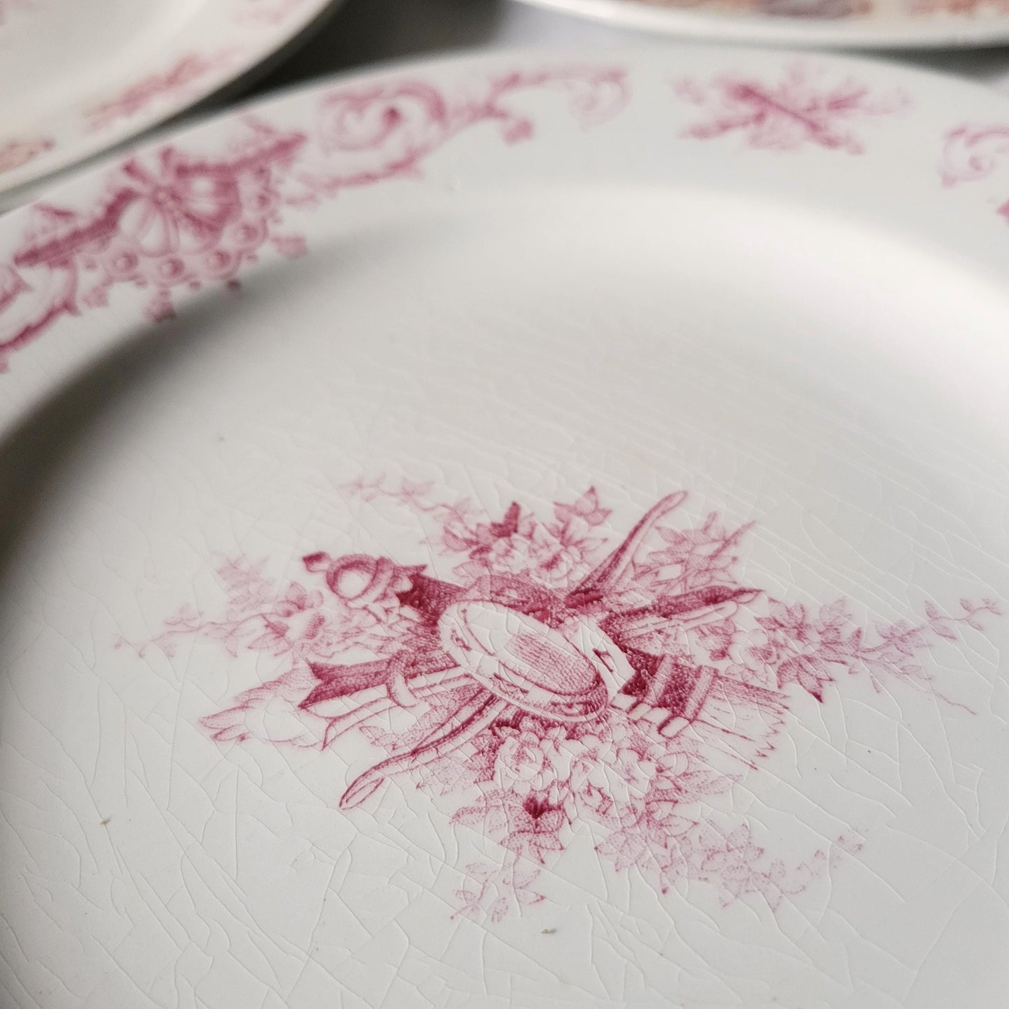 Antique French Faience Dessert Plates: Red Transferware, Music Theme, Set of 6