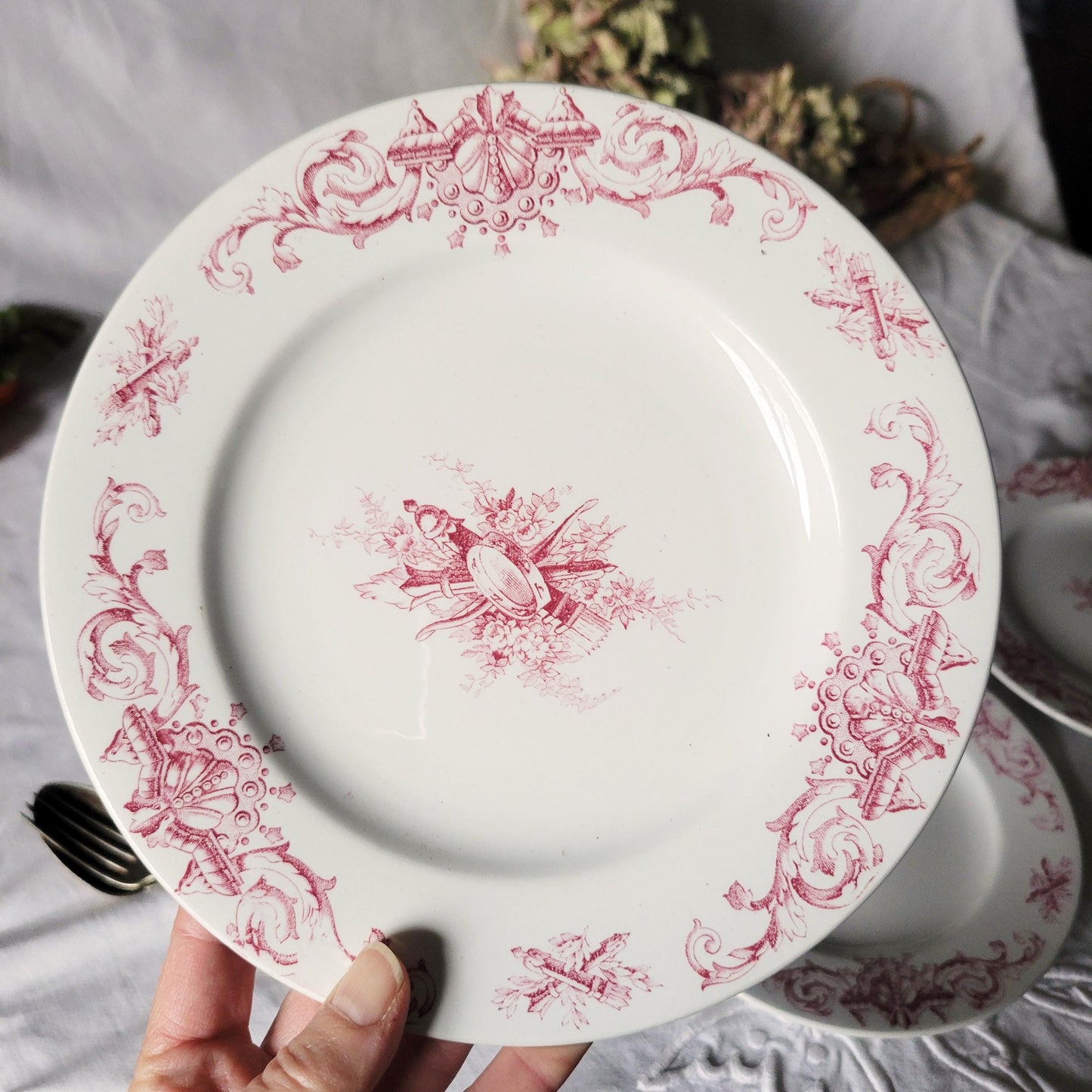 Antique French Faience Dessert Plates: Red Transferware, Music Theme, Set of 6