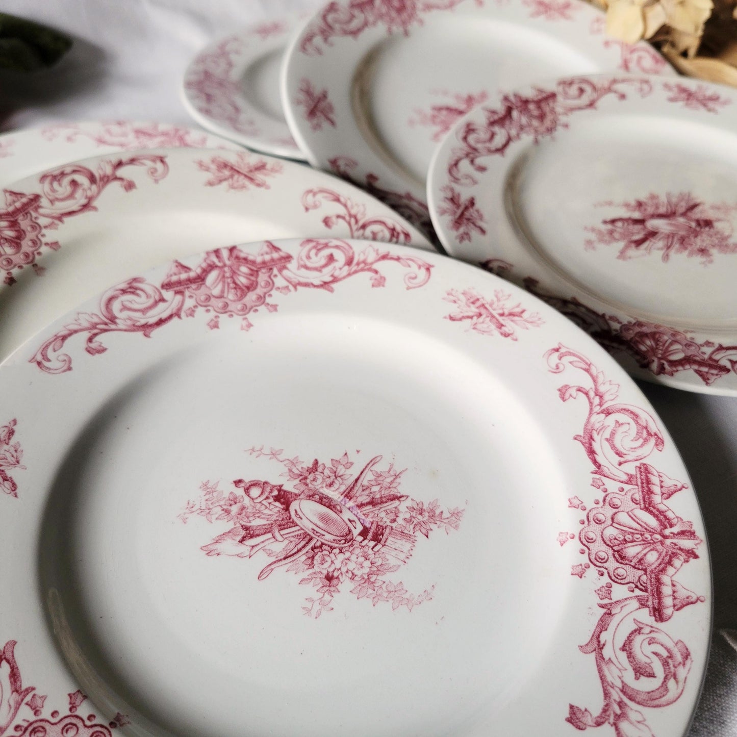 Antique French Faience Dessert Plates: Red Transferware, Music Theme, Set of 6