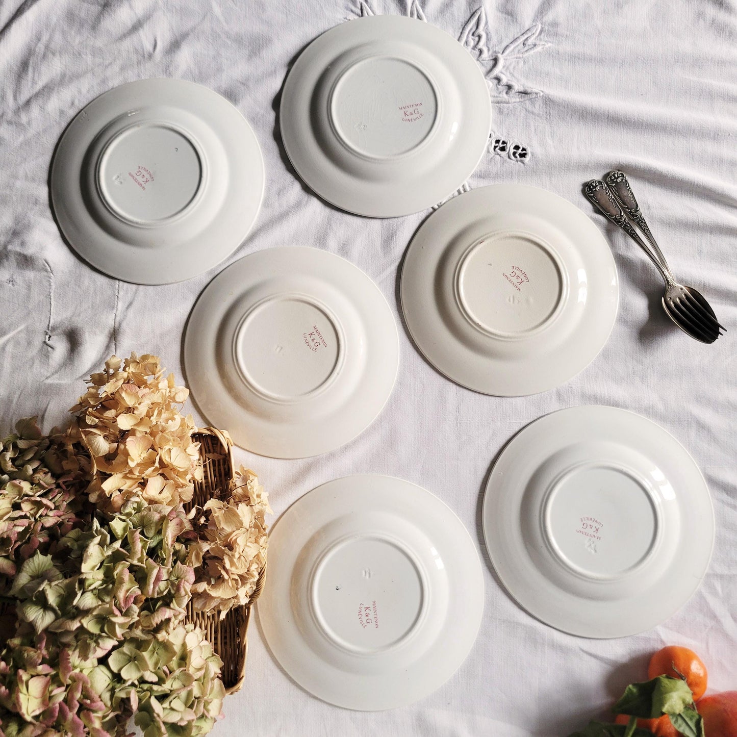 Antique French Faience Dessert Plates: Red Transferware, Music Theme, Set of 6