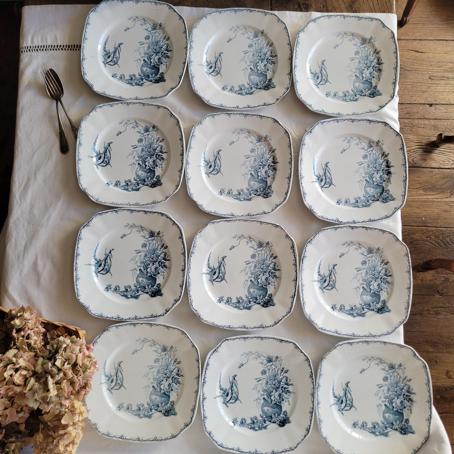 Antique French Teal Transferware Dinner Service: 12 place Luneville 'Champetre' Set of 30pc
