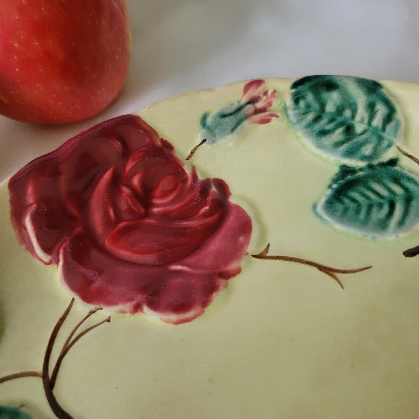 Antique barbotine majolica plate, red rose design, polychrome on cream ground, handpainted A.Lebacqz M Bouchart France c1900-1910