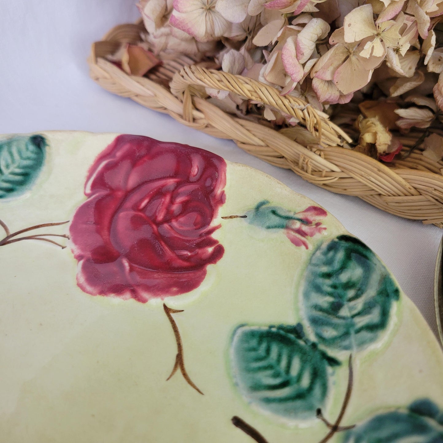 Antique barbotine majolica plate, red rose design, polychrome on cream ground, handpainted A.Lebacqz M Bouchart France c1900-1910