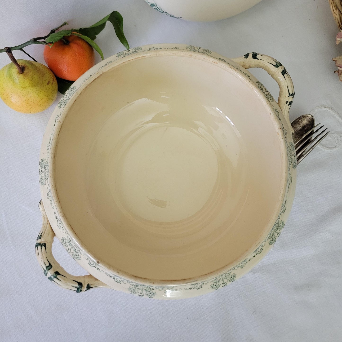 Antique French Sarreguemines Soupiere: Green Floral Transferware, 'Mignon' c1900