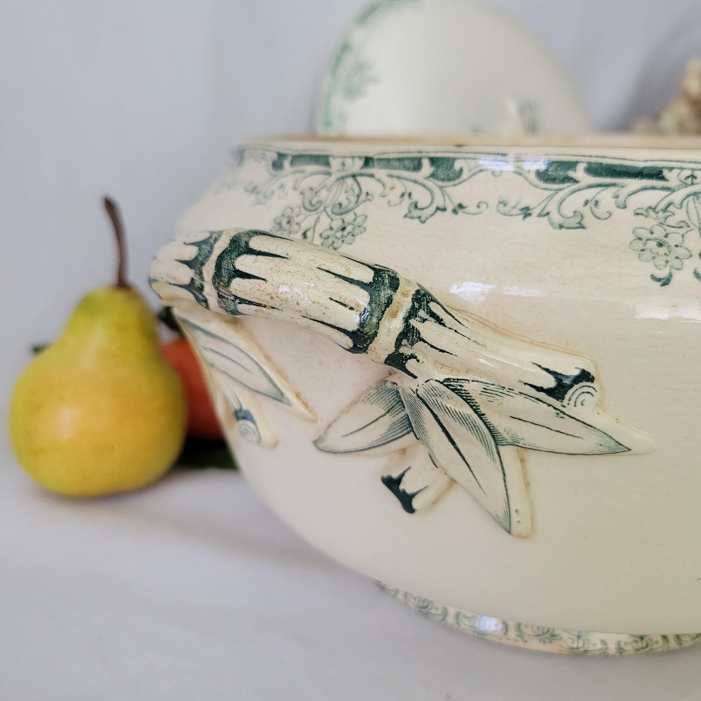 Antique French Sarreguemines Soupiere: Green Floral Transferware, 'Mignon' c1900