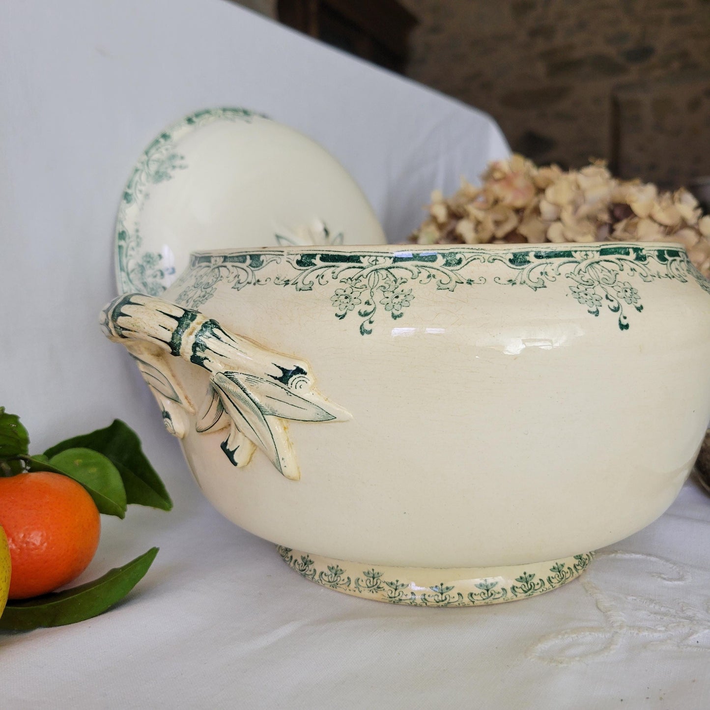Antique French Sarreguemines Soupiere: Green Floral Transferware, 'Mignon' c1900