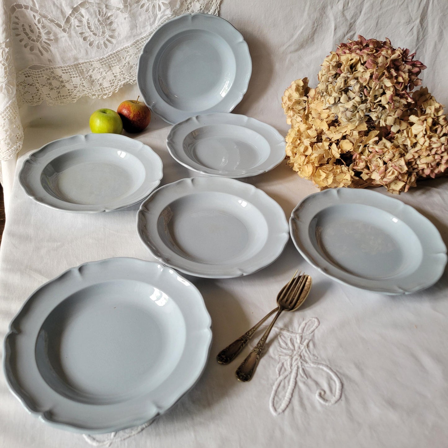 SET 6 light blue soup plates, antique soup plates, duck egg blue, molded and fluted design in excellent condition from Villeroy & Boch c1918