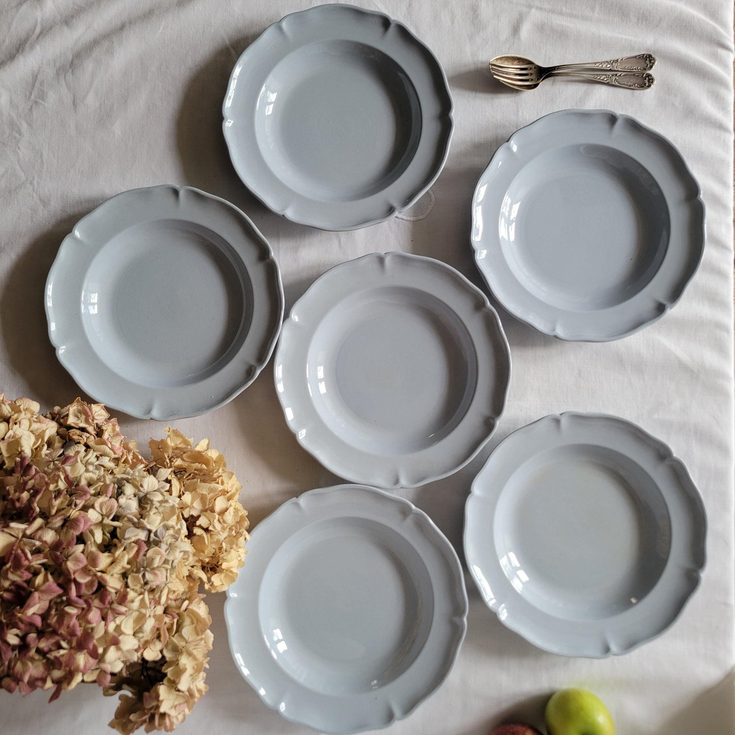 SET 6 light blue soup plates, antique soup plates, duck egg blue, molded and fluted design in excellent condition from Villeroy & Boch c1918