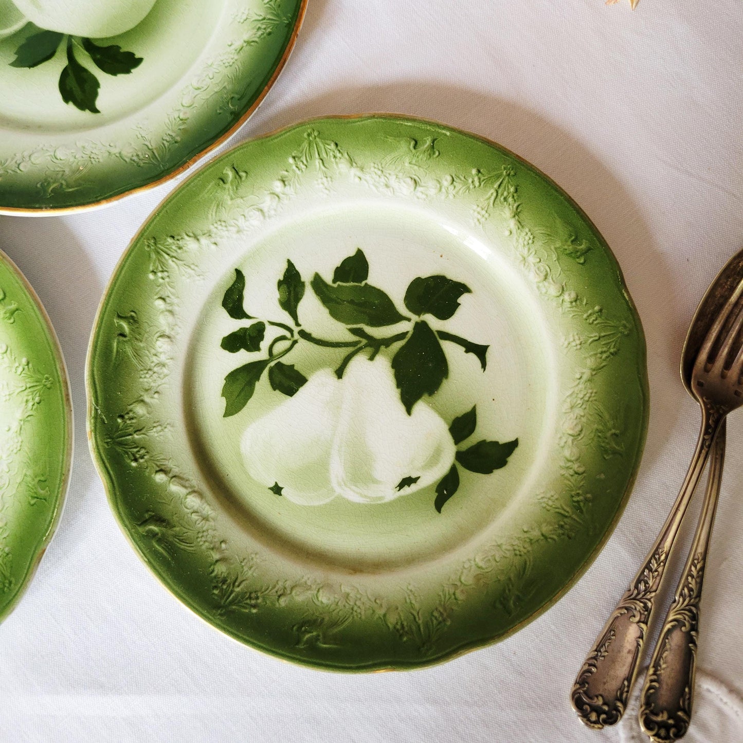 Antique Barbotine Side Plates Set of 3: KG Luneville French Faience, Floral Fruit Decor