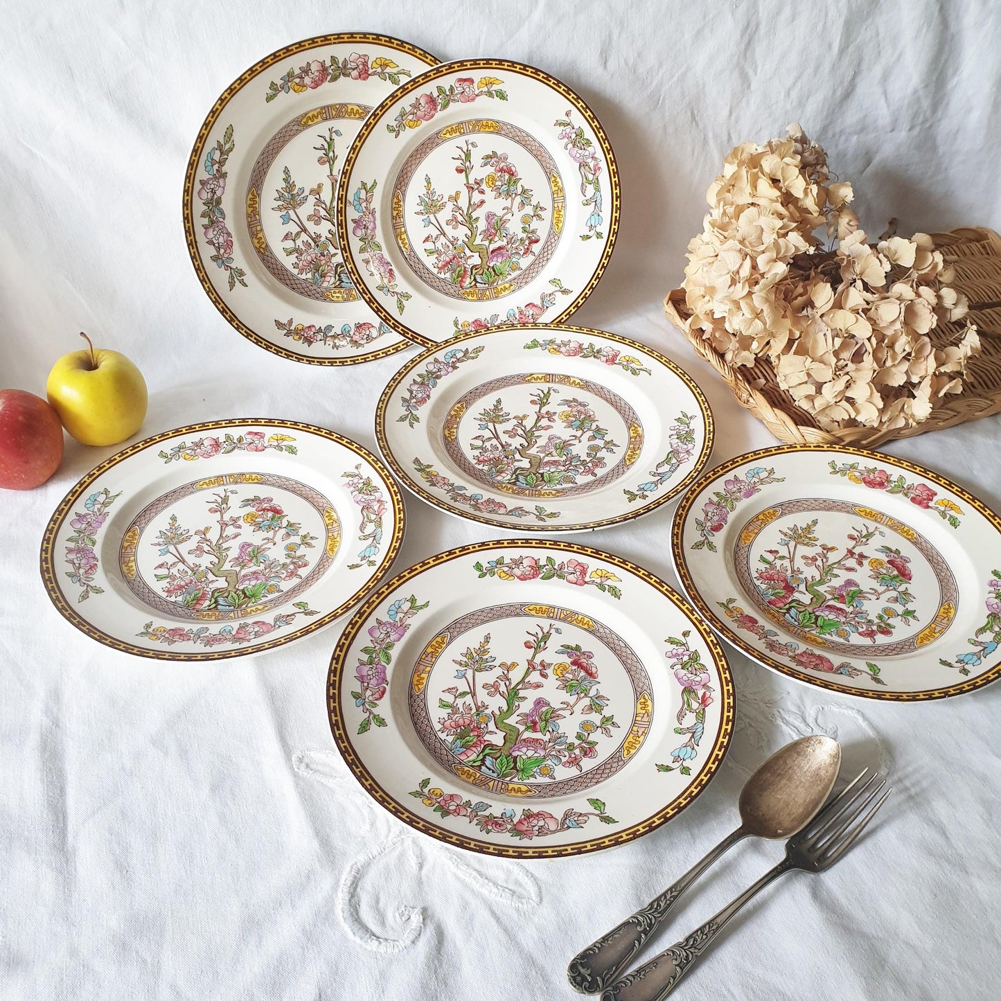 SET 14 Vintage Staffordshire plates, Indian Tree pattern by Washington c1950. Hand painted. Small set of plates for full service for 2.