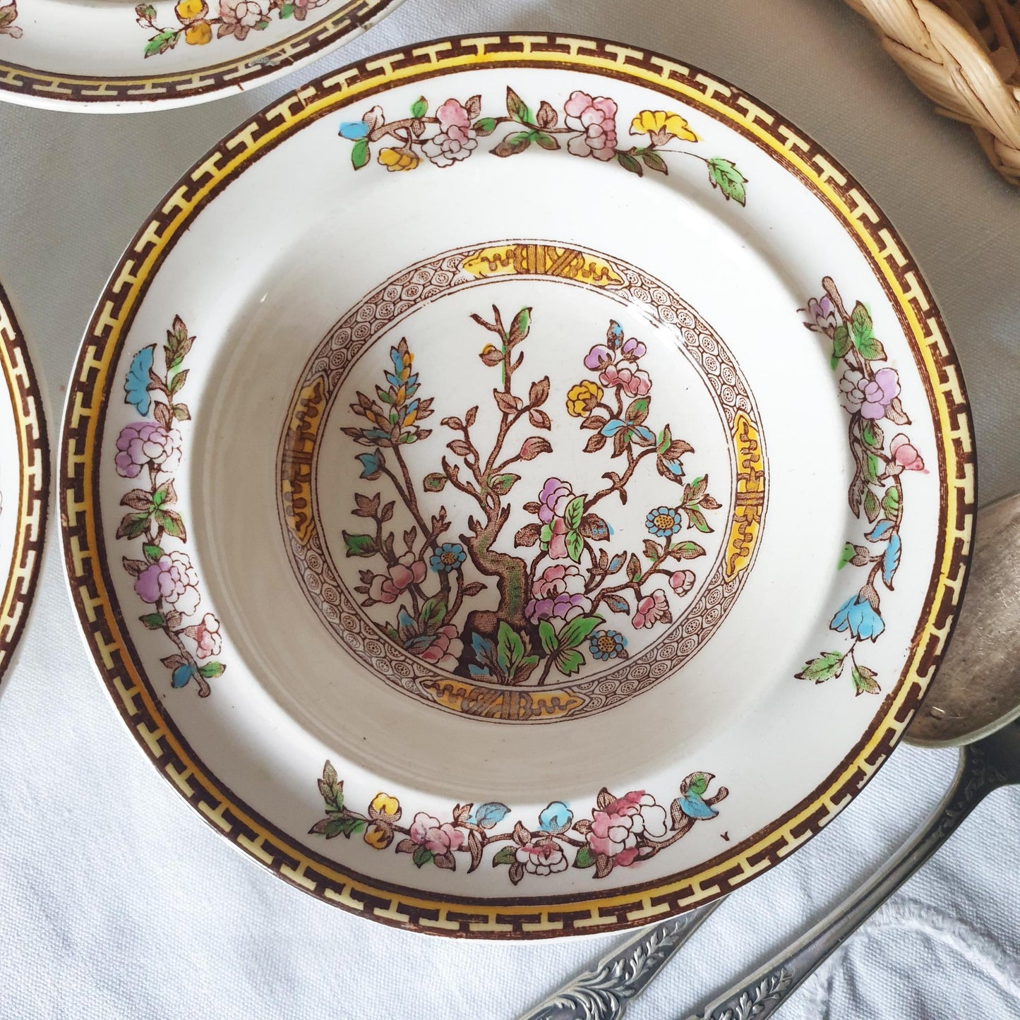 SET 14 Vintage Staffordshire plates, Indian Tree pattern by Washington c1950. Hand painted. Small set of plates for full service for 2.