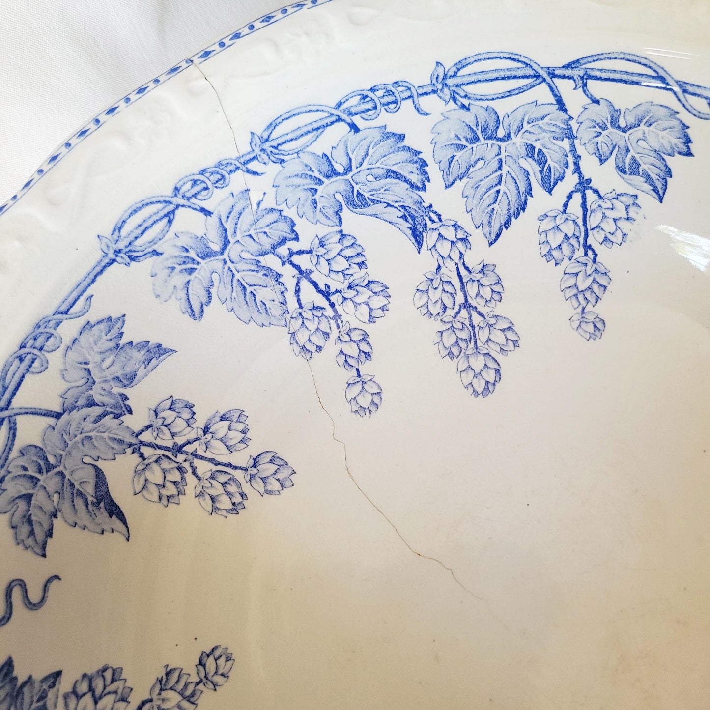 French Water Jug and Basin Set with Patina: Art Nouveau Blue Transferware