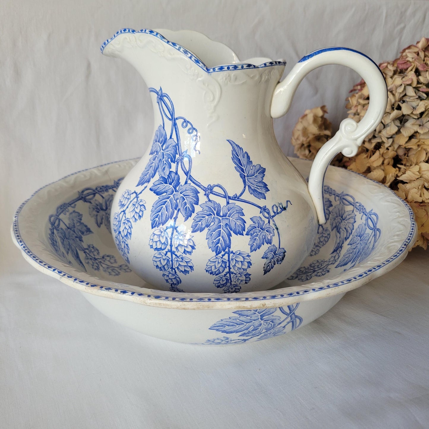 French Water Jug and Basin Set with Patina: Art Nouveau Blue Transferware