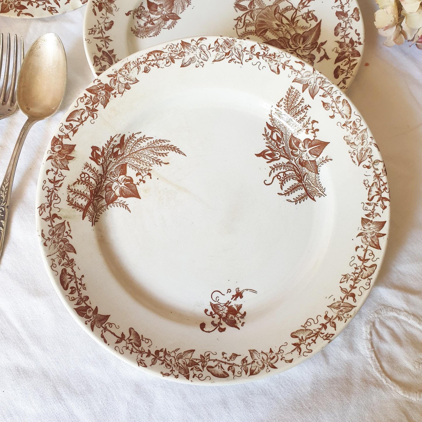 Antique Shabby French Transferware Plates: Brown Floral 'Liseron' Pexonne Set
