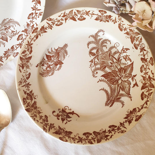 Antique Shabby French Transferware Plates: Brown Floral 'Liseron' Pexonne Set