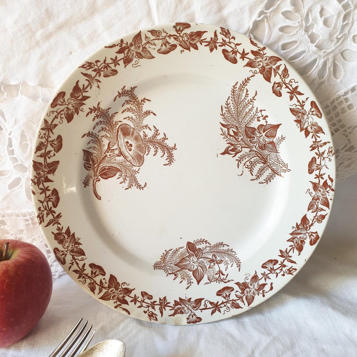 Antique Shabby French Transferware Plates: Brown Floral 'Liseron' Pexonne Set