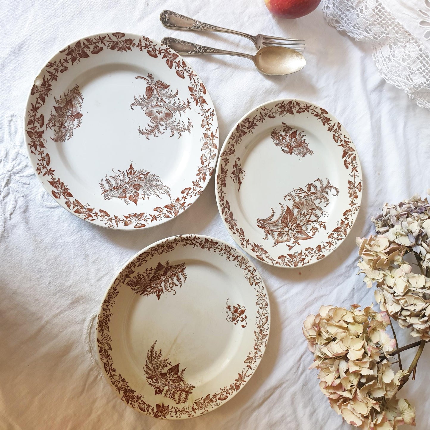 Antique Shabby French Transferware Plates: Brown Floral 'Liseron' Pexonne Set