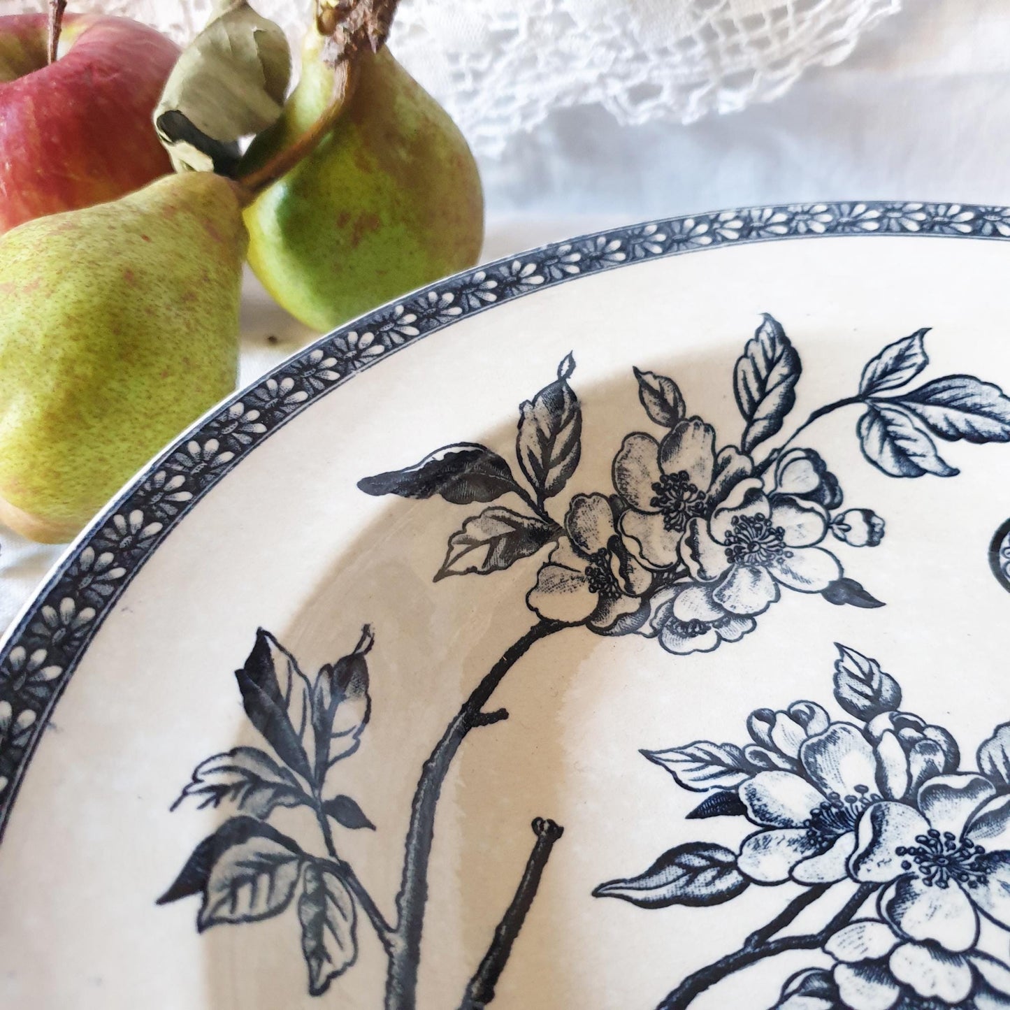 Antique French Soup Plate: Navy Blue Floral Transferware, c1890