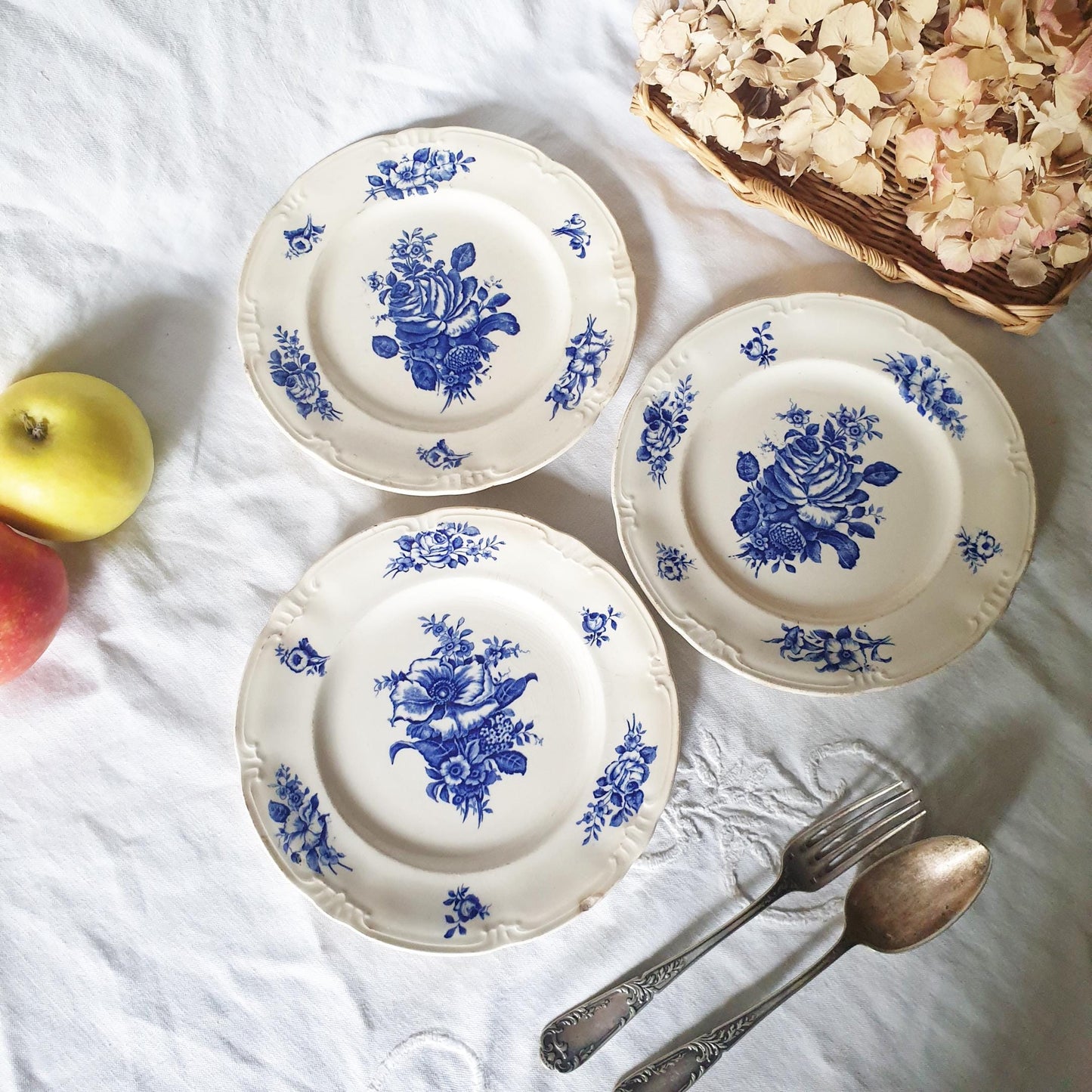 SET of 3 Antique Flow Blue Shabby Floral Plates - Ideal Display or Wall!