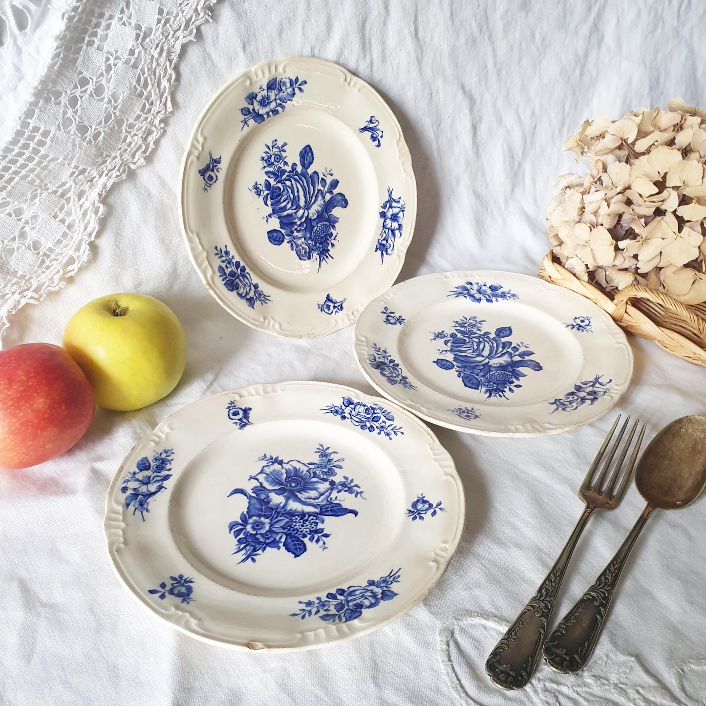 SET of 3 Antique Flow Blue Shabby Floral Plates - Ideal Display or Wall!