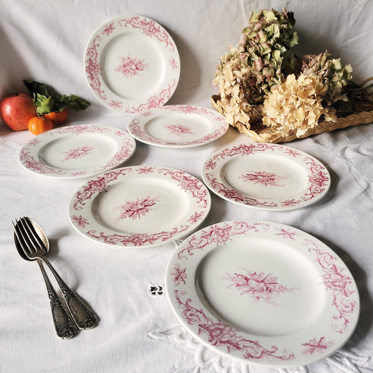 Antique French Faience Dessert Plates: Red Transferware, Music Theme, Set of 6