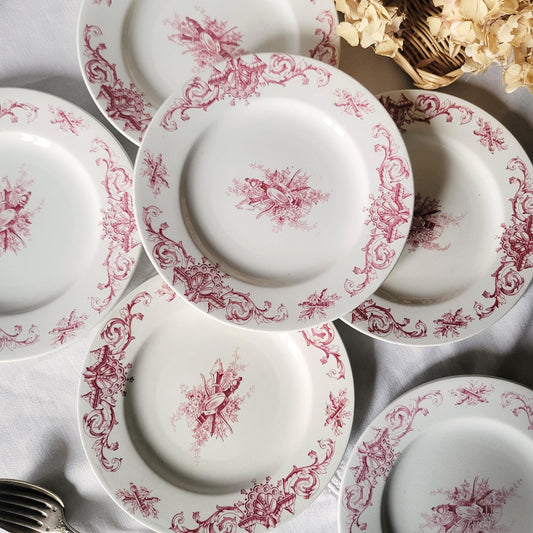 Antique French Faience Dessert Plates: Red Transferware, Music Theme, Set of 6