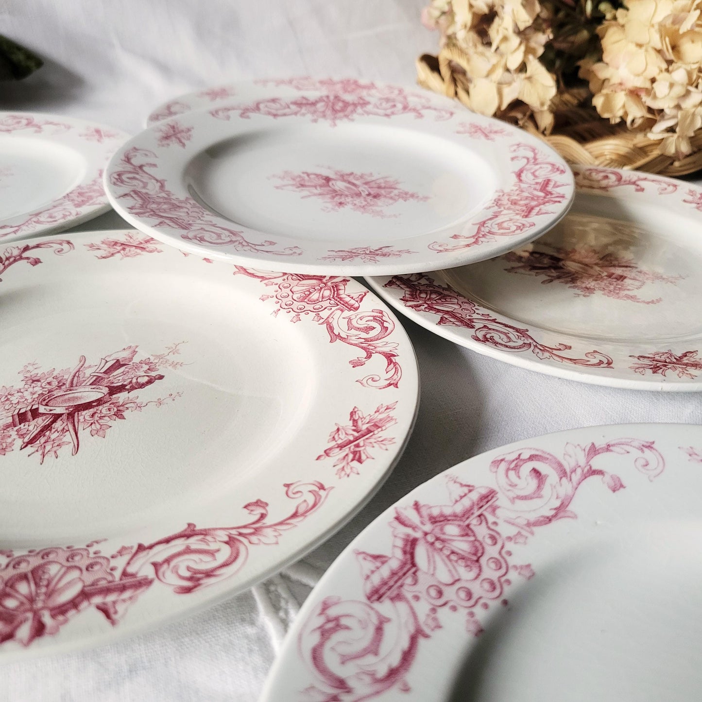 Antique French Faience Dessert Plates: Red Transferware, Music Theme, Set of 6