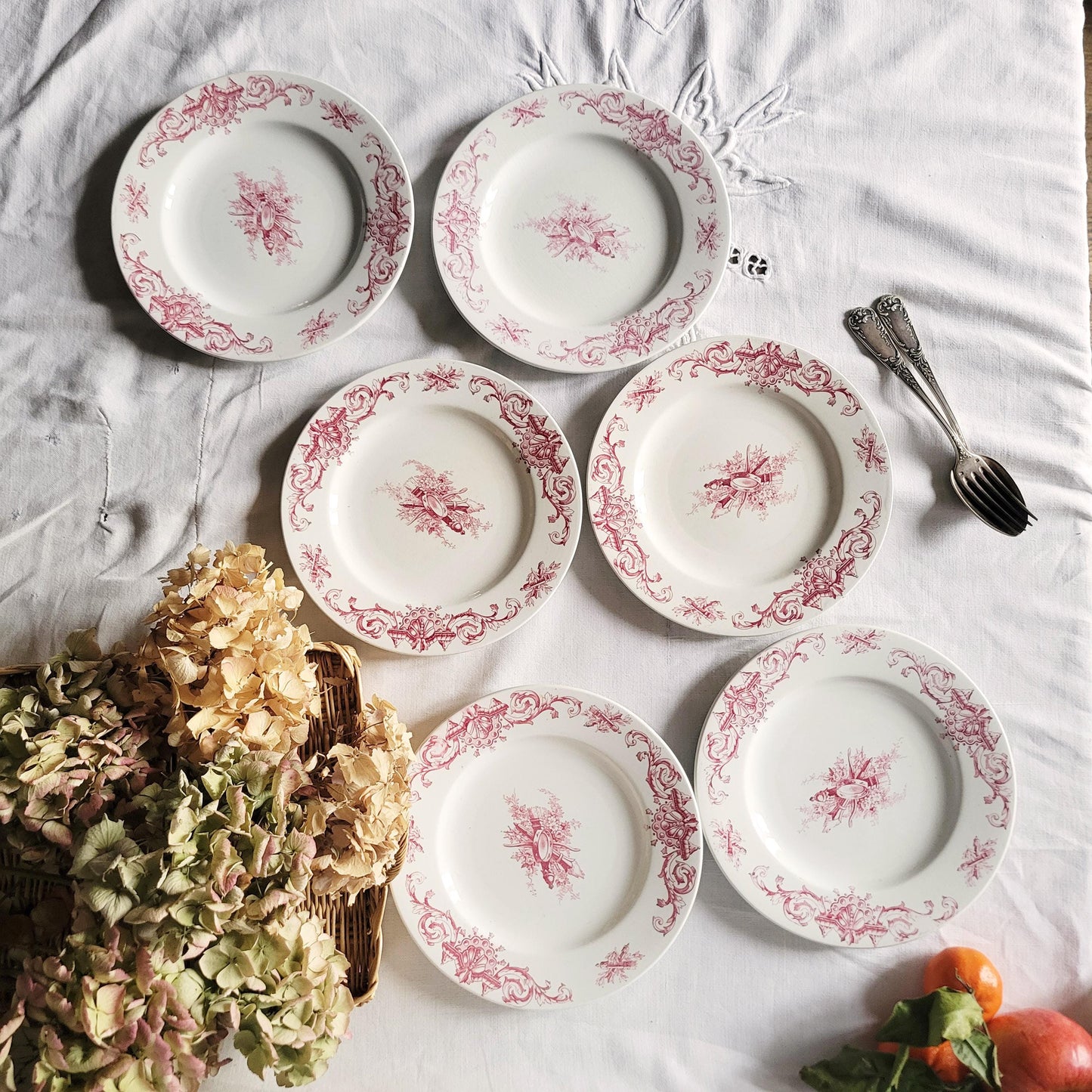 Antique French Faience Dessert Plates: Red Transferware, Music Theme, Set of 6
