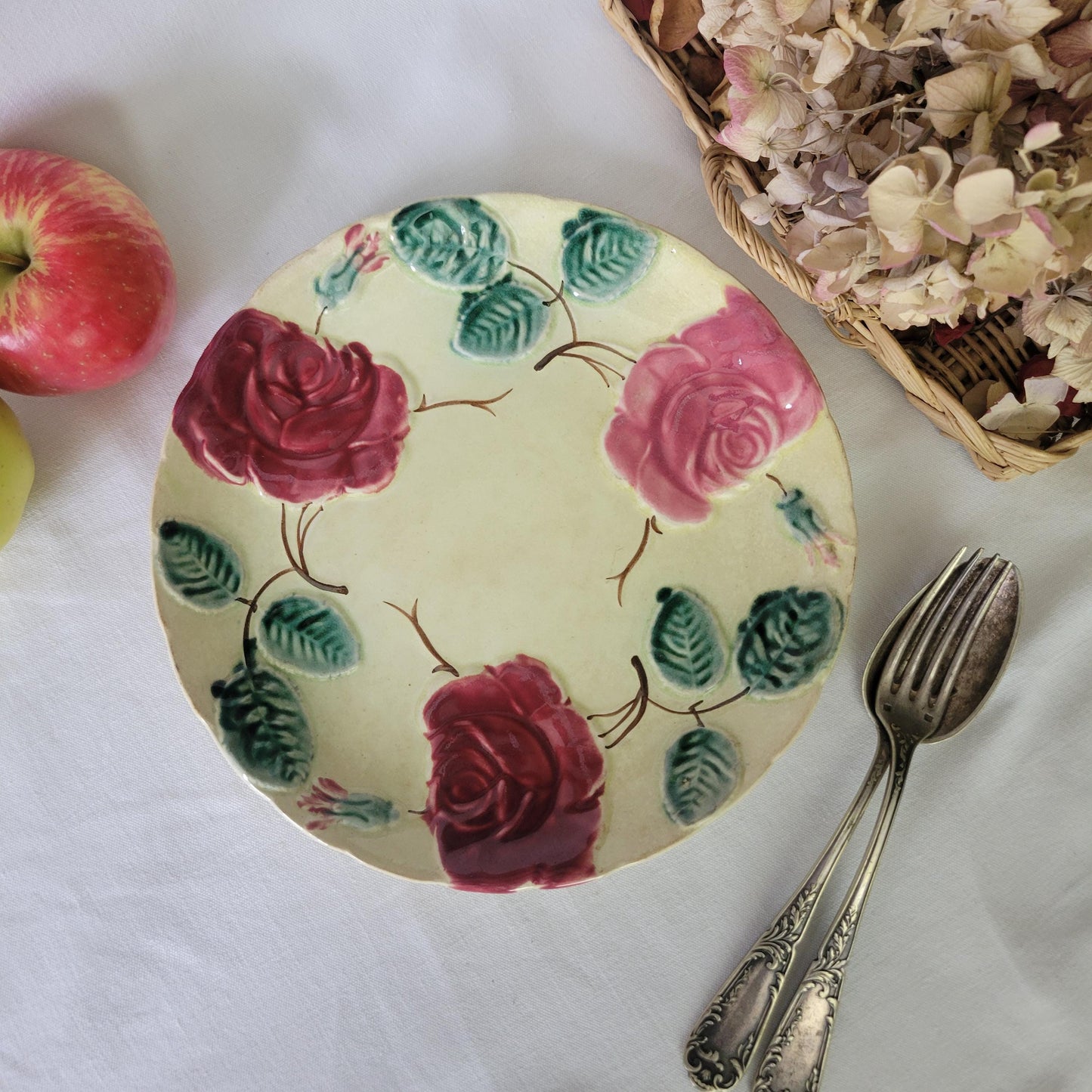 Antique barbotine majolica plate, red rose design, polychrome on cream ground, handpainted A.Lebacqz M Bouchart France c1900-1910