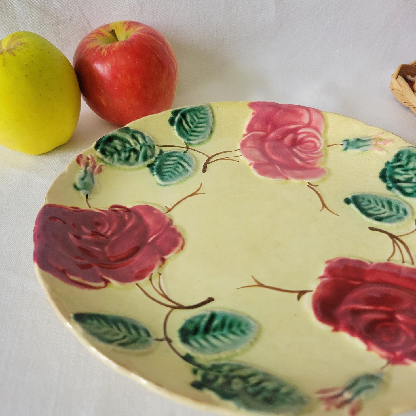 Antique barbotine majolica plate, red rose design, polychrome on cream ground, handpainted A.Lebacqz M Bouchart France c1900-1910